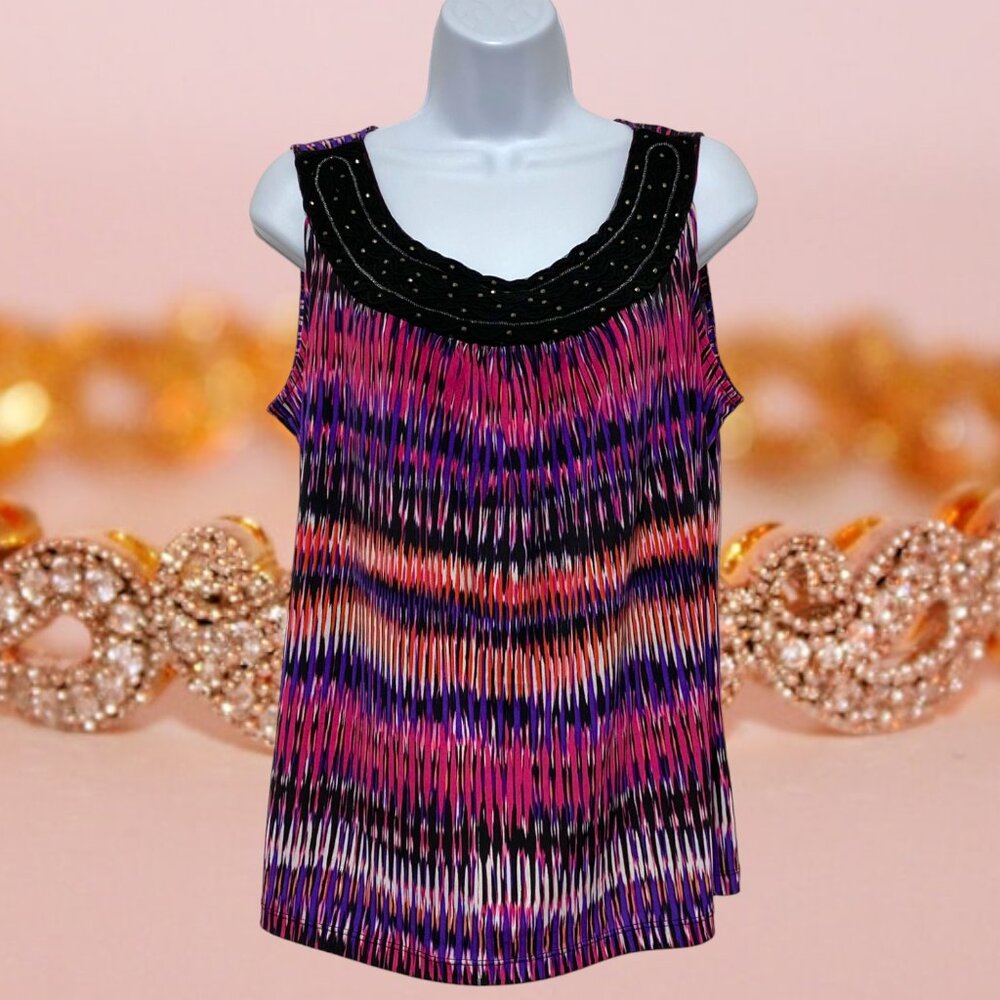 Laura Ashley-Women's Petite Medium Pullover Top Light Weight Beaded Neckline